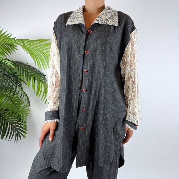 Vintage 90s Grunge Gray Pin Stripe Oversized Pantsuit Blazer & Trousers / Sz: M - Picture 3 of 9